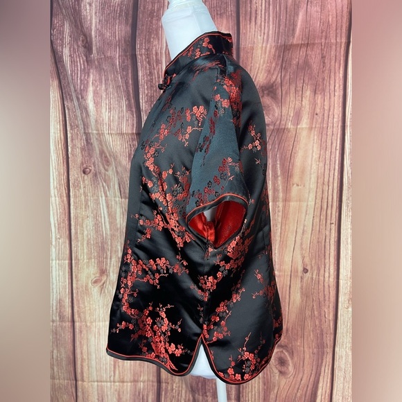 Tang Yi Oriental style traditional short sleeve satin floral blouse women’s 44 - Picture 3 of 17